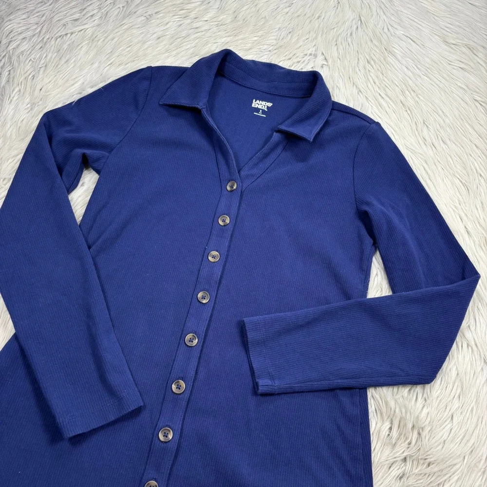 Lands' End Women's S Blue Ribbed Knit LS Button Front Midi Dress Coastal Preppy - Picture 2 of 6